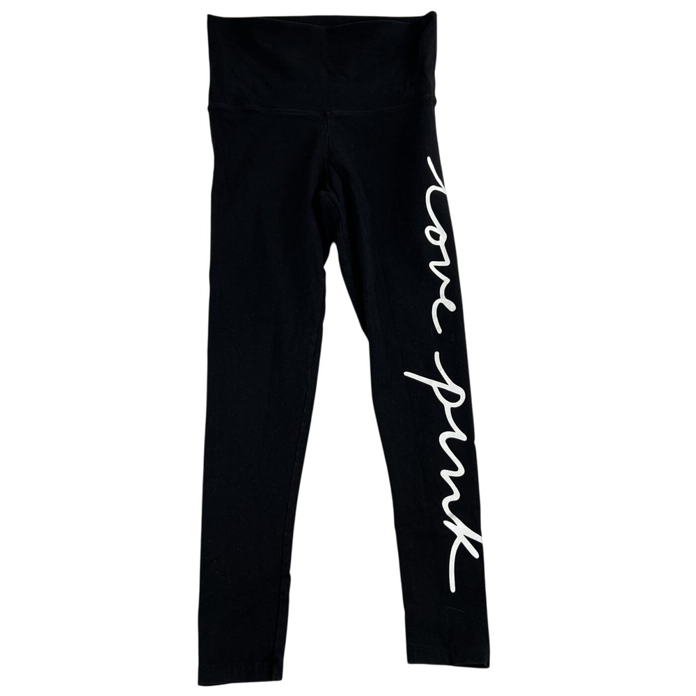 PINK Victoria Secret Script Logo Leggings M Black Women High Waist Athleisure